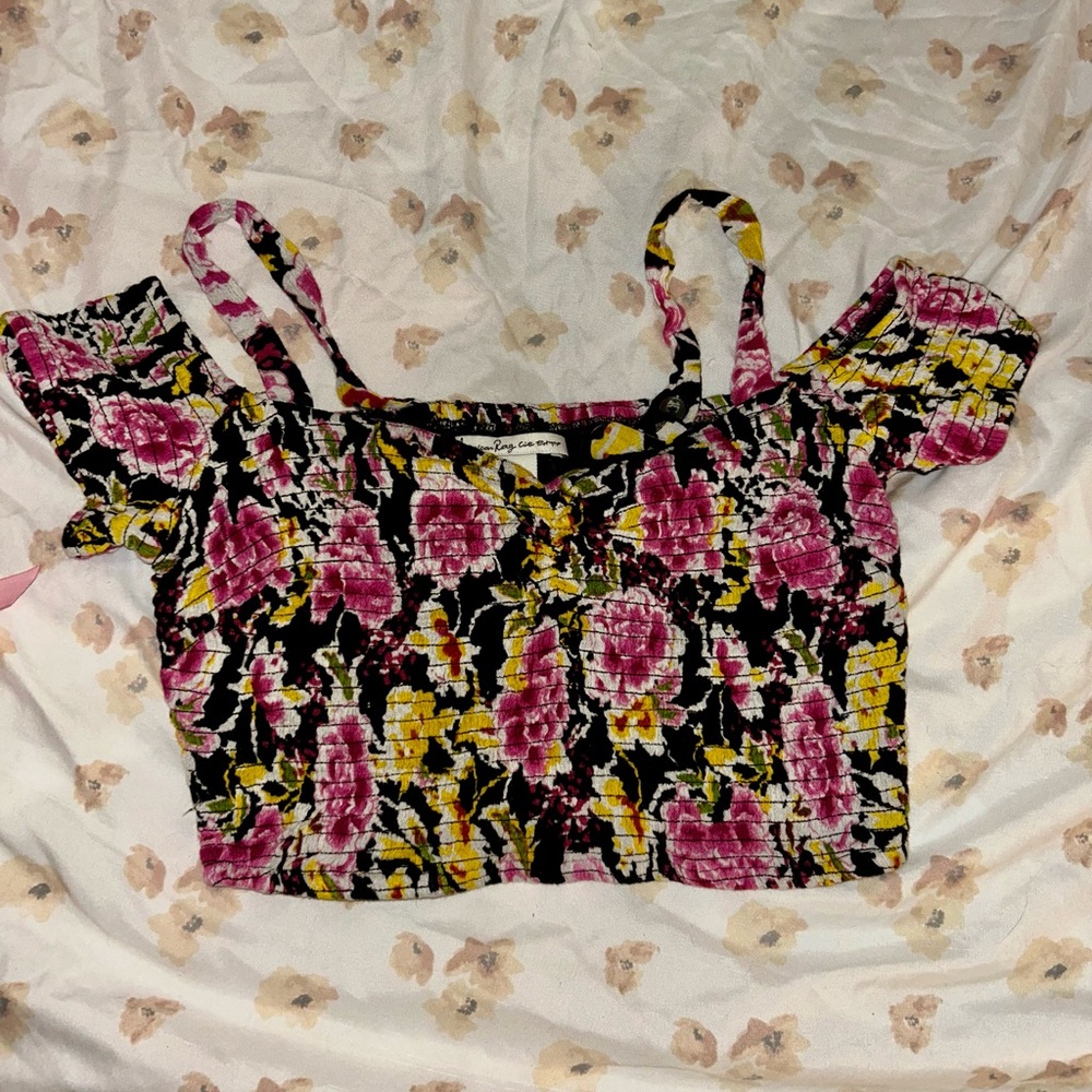American Rag Floral Smocked Off-Shoulder Cropped Top